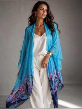 One of a Kind Vintage Sheer Blue Floral Kimono Duster Beaded Boho Large